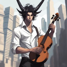 A high-quality digital art image captures a young Satyr with elegantly twisted horns and flowing black hair