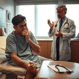 A dramatic scene depicting a tensed patient in a doctor's office, anxious and distressed after losing their prescription
