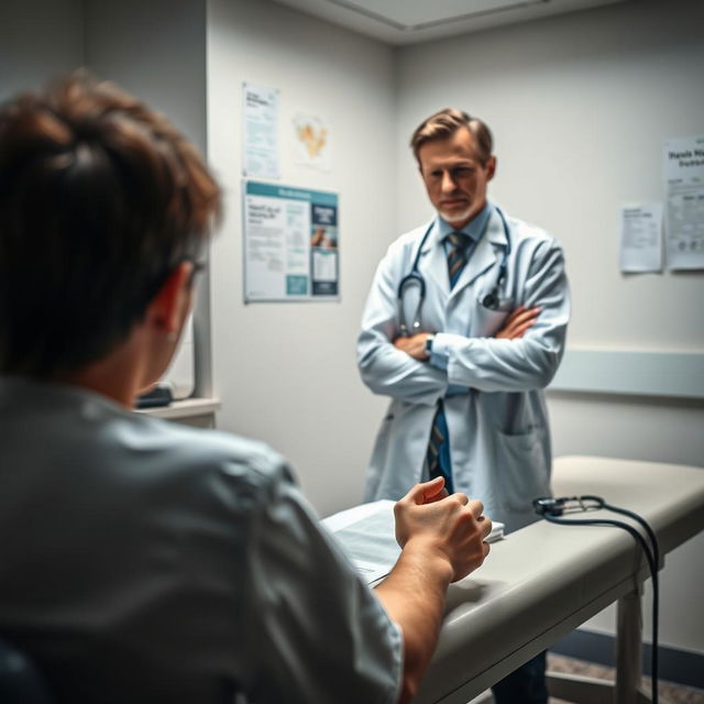 A dramatic scene depicting a tensed patient in a doctor's office, anxious and distressed after losing their prescription