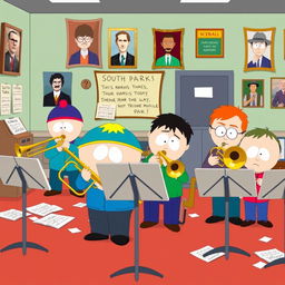 A lively cartoon-style illustration of a trombone band room from South Park, featuring several characters from the series