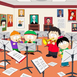 A lively cartoon-style illustration of a trombone band room from South Park, featuring several characters from the series