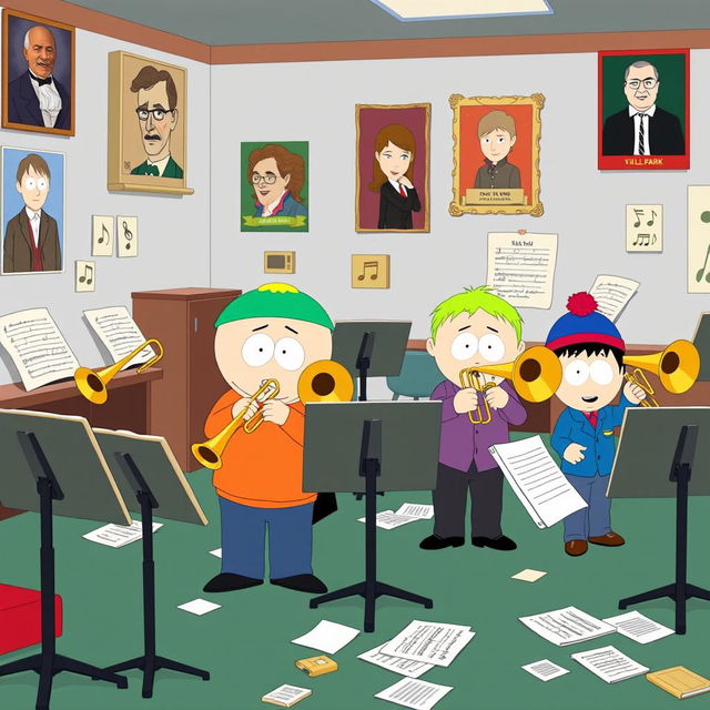 A lively cartoon-style illustration of a trombone band room from South Park, featuring several characters from the series