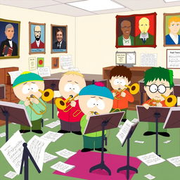 A lively cartoon-style illustration of a trombone band room from South Park, featuring several characters from the series