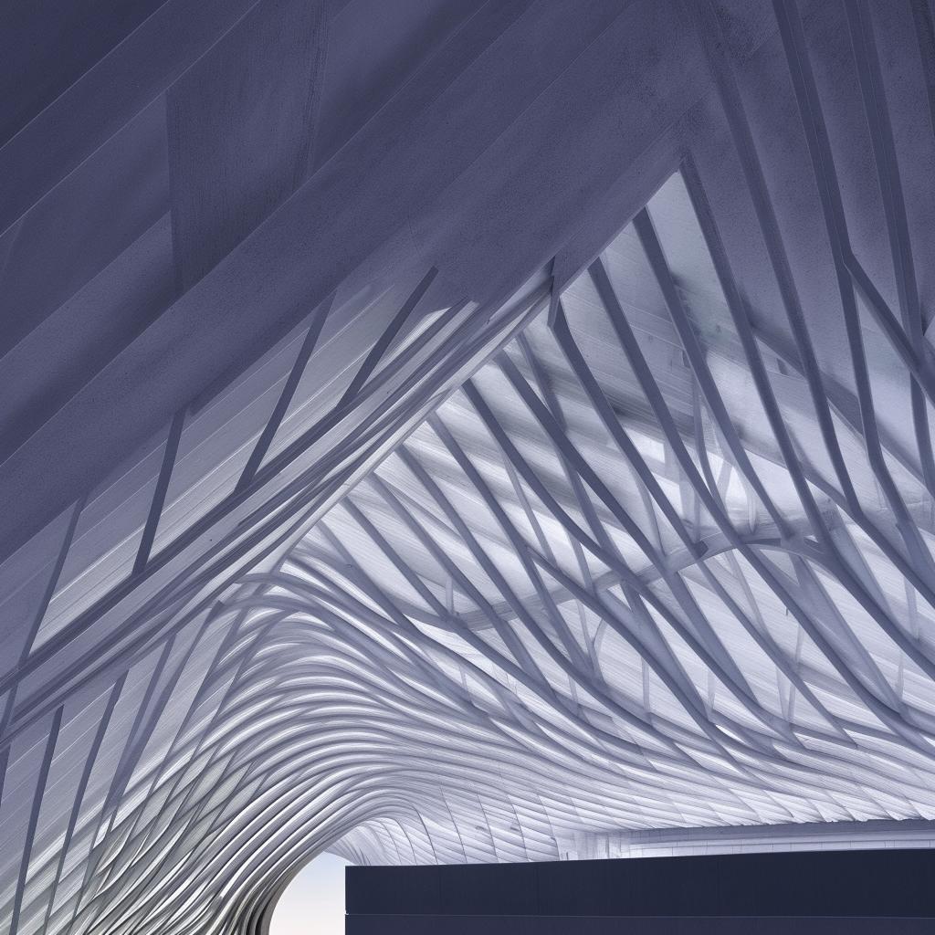 An architectural design of a roof with a unique curved structure