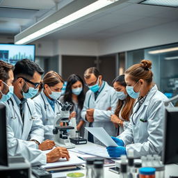 A group of medical experts gathered in a modern laboratory, intensely analyzing data on an epidemic