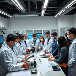 A group of medical experts gathered in a modern laboratory, intensely analyzing data on an epidemic