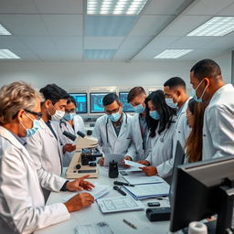 A group of medical experts gathered in a modern laboratory, intensely analyzing data on an epidemic