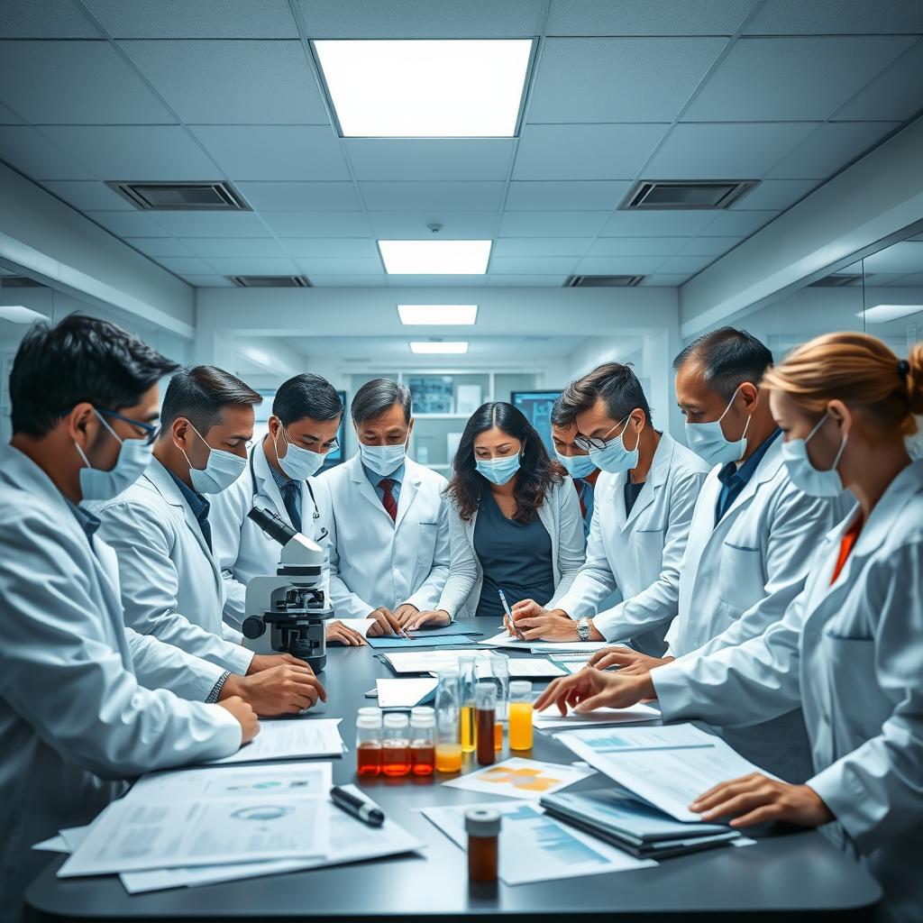 A group of medical experts gathered in a modern laboratory, intensely analyzing data on an epidemic