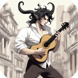 An image of highest quality depicts a young Satyr with elegantly twisted horns and long black hair, dressed in urban attire including a partially unbuttoned white shirt