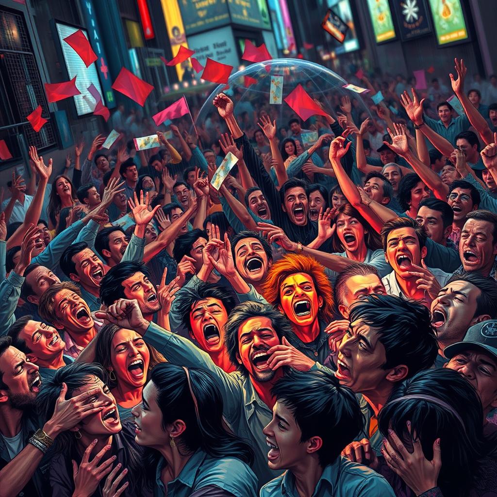 An artistic depiction of mass hysteria, illustrating a dynamic and chaotic scene filled with expressive figures in a crowded environment