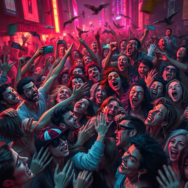 An artistic depiction of mass hysteria, illustrating a dynamic and chaotic scene filled with expressive figures in a crowded environment