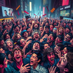 An artistic depiction of mass hysteria, illustrating a dynamic and chaotic scene filled with expressive figures in a crowded environment