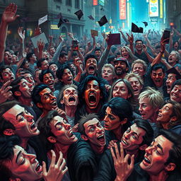 An artistic depiction of mass hysteria, illustrating a dynamic and chaotic scene filled with expressive figures in a crowded environment