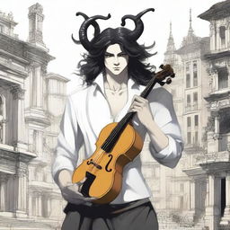 An image of highest quality depicts a young Satyr with elegantly twisted horns and long black hair, dressed in urban attire including a partially unbuttoned white shirt