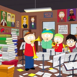 A cartoon-style illustration of a trombone band room from South Park, featuring an interior scene that is lively and chaotic