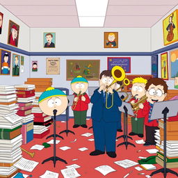 A cartoon-style illustration of a trombone band room from South Park, featuring an interior scene that is lively and chaotic