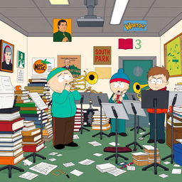 A cartoon-style illustration of a trombone band room from South Park, featuring an interior scene that is lively and chaotic