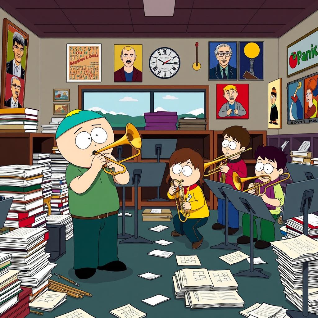 A cartoon-style illustration of a trombone band room from South Park, featuring an interior scene that is lively and chaotic