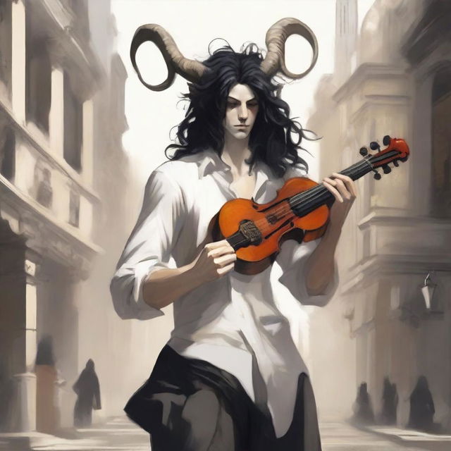 An image of highest quality depicts a young Satyr with elegantly twisted horns and long black hair, dressed in urban attire including a partially unbuttoned white shirt