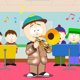 A playful cartoon-style illustration of Butters Stotch from South Park, prominently featured playing a trombone