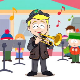 A playful cartoon-style illustration of Butters Stotch from South Park, prominently featured playing a trombone