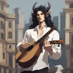 An image of highest quality depicts a young Satyr with elegantly twisted horns and long black hair, dressed in urban attire including a partially unbuttoned white shirt