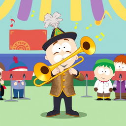 A playful cartoon-style illustration of Butters Stotch from South Park, prominently featured playing a trombone