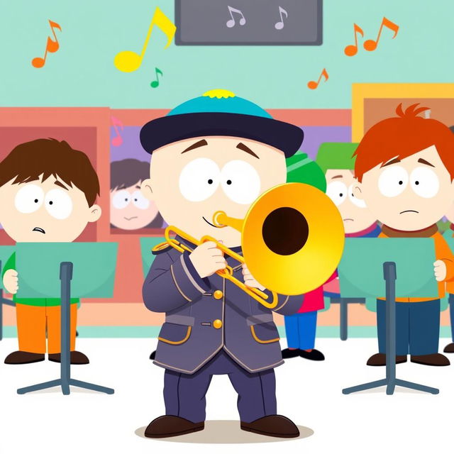 A playful cartoon-style illustration of Butters Stotch from South Park, prominently featured playing a trombone