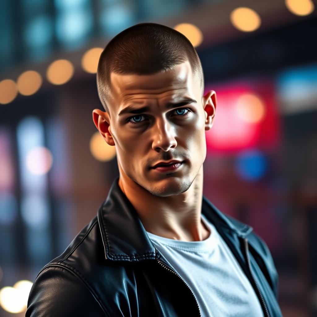 A male figure with a strong jawline and piercing blue eyes, showcasing a clean and stylish buzz cut hairstyle