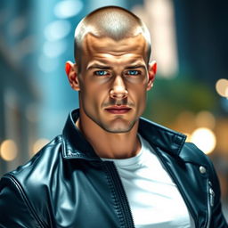 A male figure with a strong jawline and piercing blue eyes, showcasing a clean and stylish buzz cut hairstyle