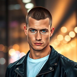 A male figure with a strong jawline and piercing blue eyes, showcasing a clean and stylish buzz cut hairstyle
