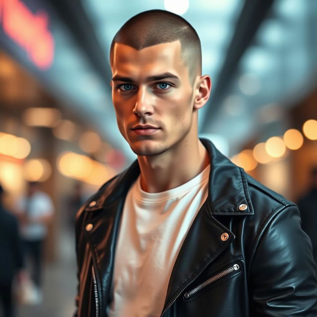 A male figure with a strong jawline and piercing blue eyes, showcasing a clean and stylish buzz cut hairstyle