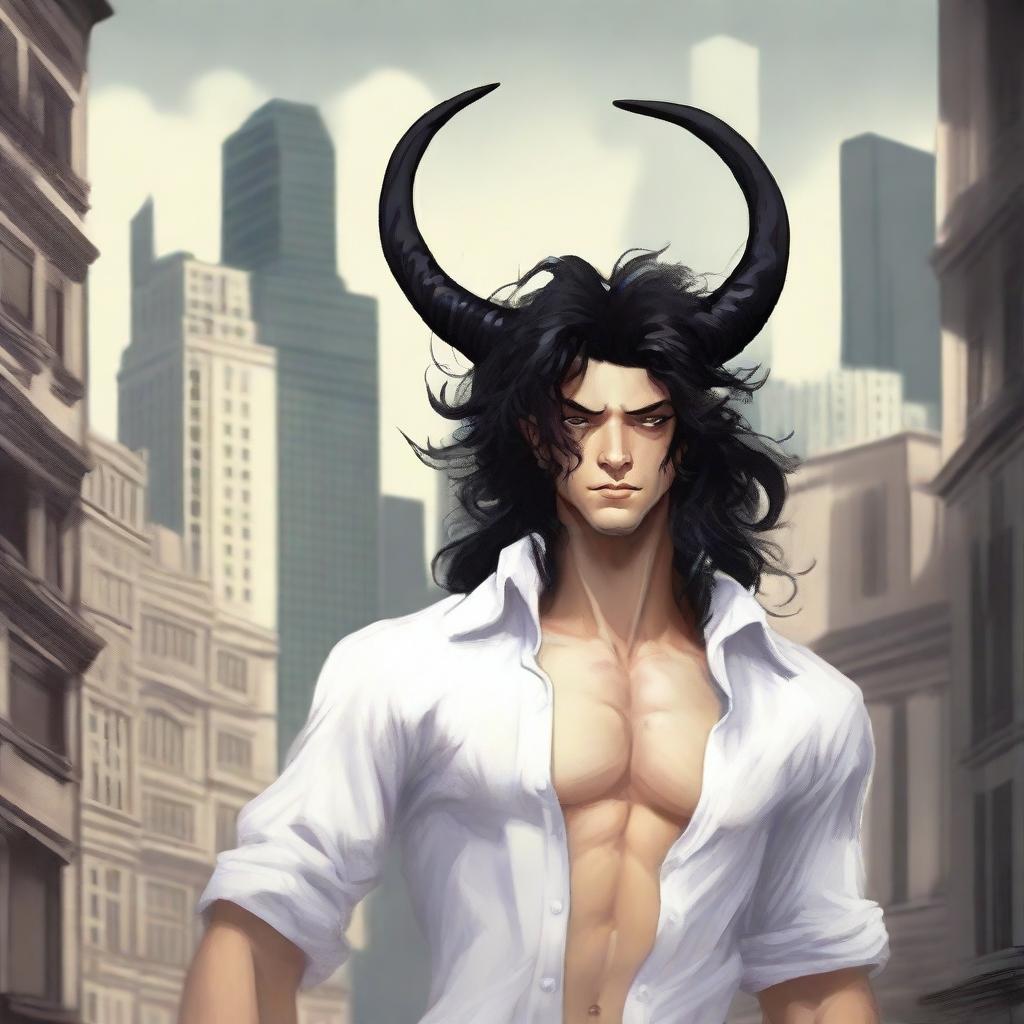 An image of a young, urban Satyr, with gracefully twisted horns and long, flowing black hair