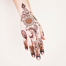 A beautiful, intricate mehndi hand design featuring traditional patterns and floral elements, covering the palm and extending up to the wrist