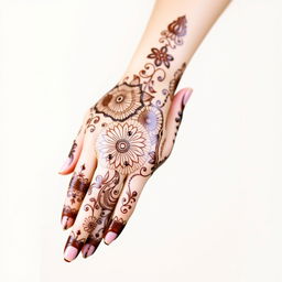 A beautiful, intricate mehndi hand design featuring traditional patterns and floral elements, covering the palm and extending up to the wrist