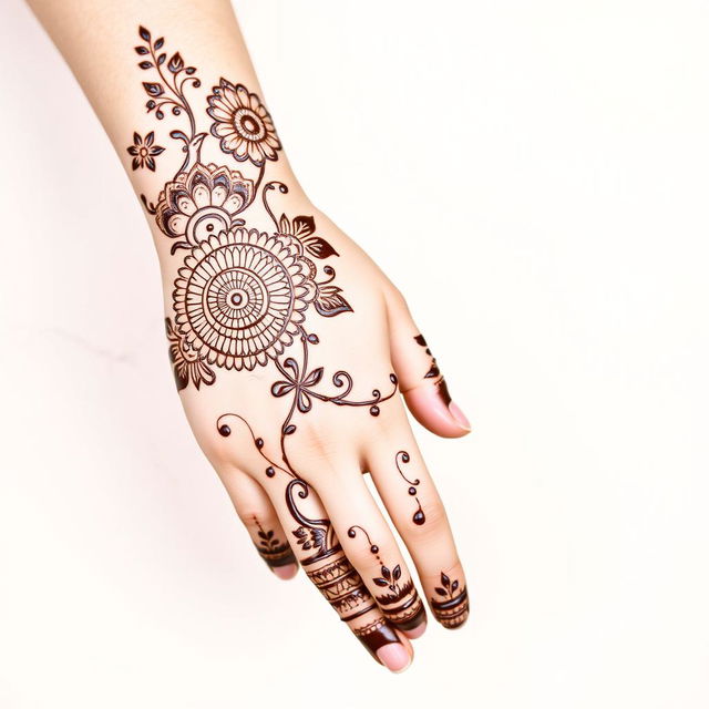 A beautiful, intricate mehndi hand design featuring traditional patterns and floral elements, covering the palm and extending up to the wrist