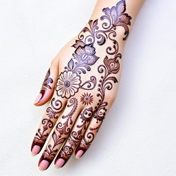 A beautiful, intricate mehndi hand design featuring traditional patterns and floral elements, covering the palm and extending up to the wrist