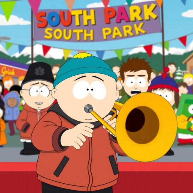 A playful cartoon-style illustration featuring a trombone prominently in the foreground with South Park characters in the background