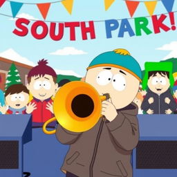 A playful cartoon-style illustration featuring a trombone prominently in the foreground with South Park characters in the background
