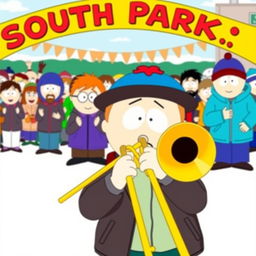 A playful cartoon-style illustration featuring a trombone prominently in the foreground with South Park characters in the background