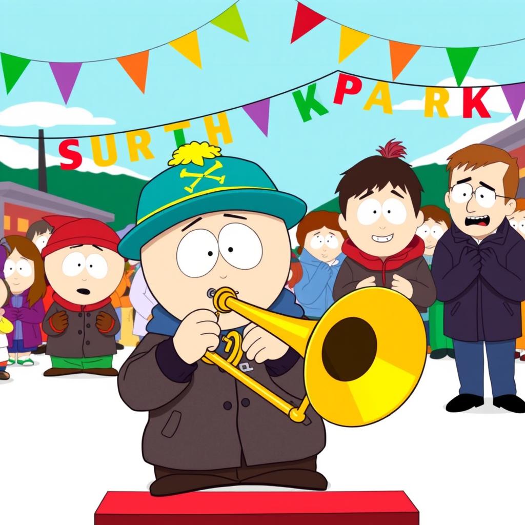 A playful cartoon-style illustration featuring a trombone prominently in the foreground with South Park characters in the background