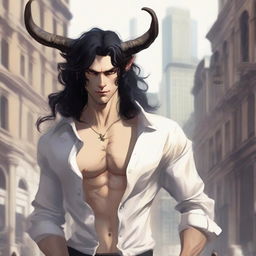 An image of a young, urban Satyr, with gracefully twisted horns and long, flowing black hair