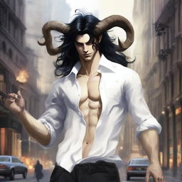 An image of a young, urban Satyr, with gracefully twisted horns and long, flowing black hair