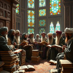 A prestigious gathering of scholars engaged in deep conversation and study, surrounded by stacks of ancient books and scrolls