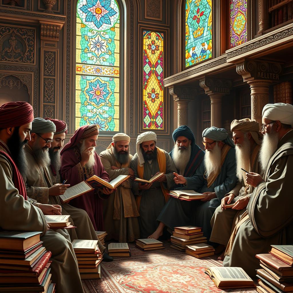 A prestigious gathering of scholars engaged in deep conversation and study, surrounded by stacks of ancient books and scrolls