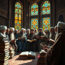 A prestigious gathering of scholars engaged in deep conversation and study, surrounded by stacks of ancient books and scrolls