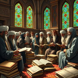 A prestigious gathering of scholars engaged in deep conversation and study, surrounded by stacks of ancient books and scrolls