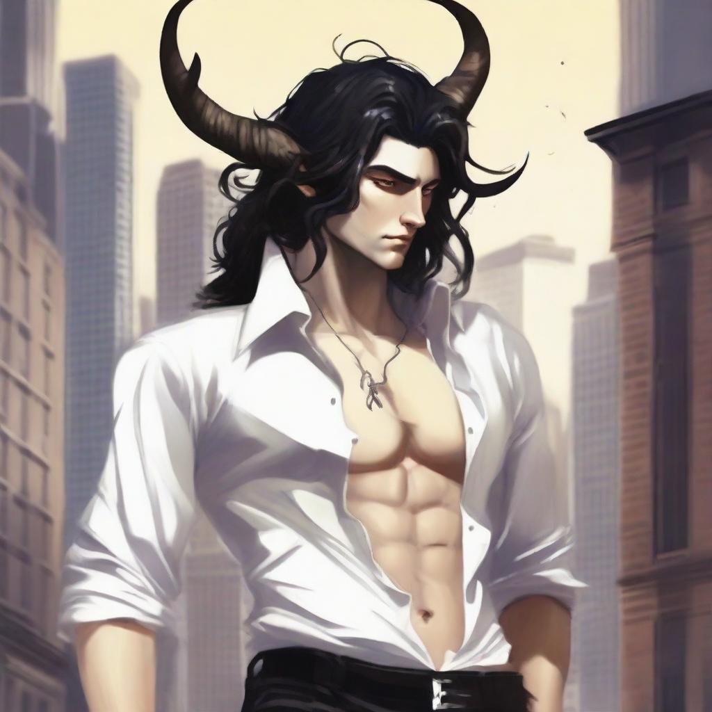 An image of a young, urban Satyr, with gracefully twisted horns and long, flowing black hair