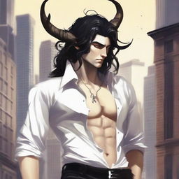 An image of a young, urban Satyr, with gracefully twisted horns and long, flowing black hair