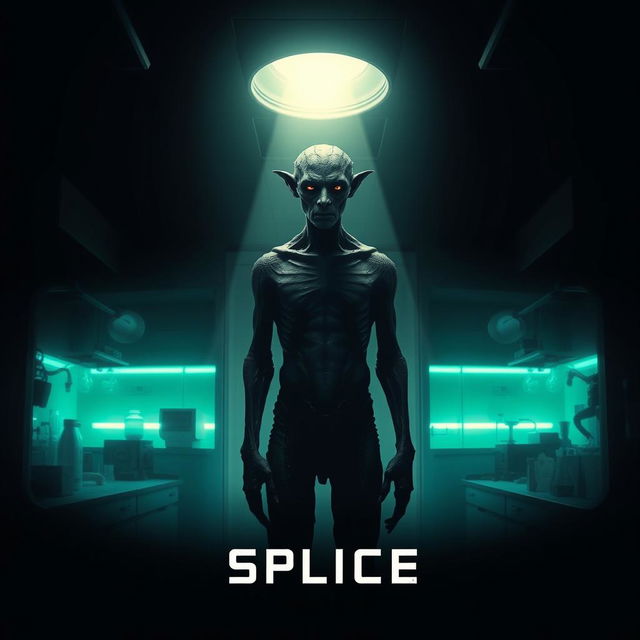 A teaser poster inspired by 'Splice' (2010), showcasing a dark, surreal laboratory environment